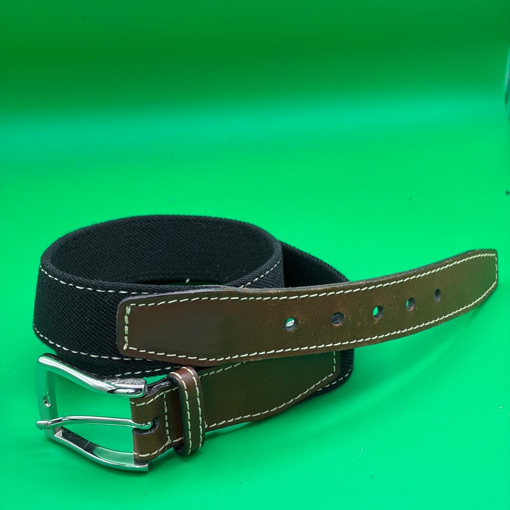 Torino Woven Stretch Golf Belt Mens 34 Black/Brown Leather Trim Preppy USA Made